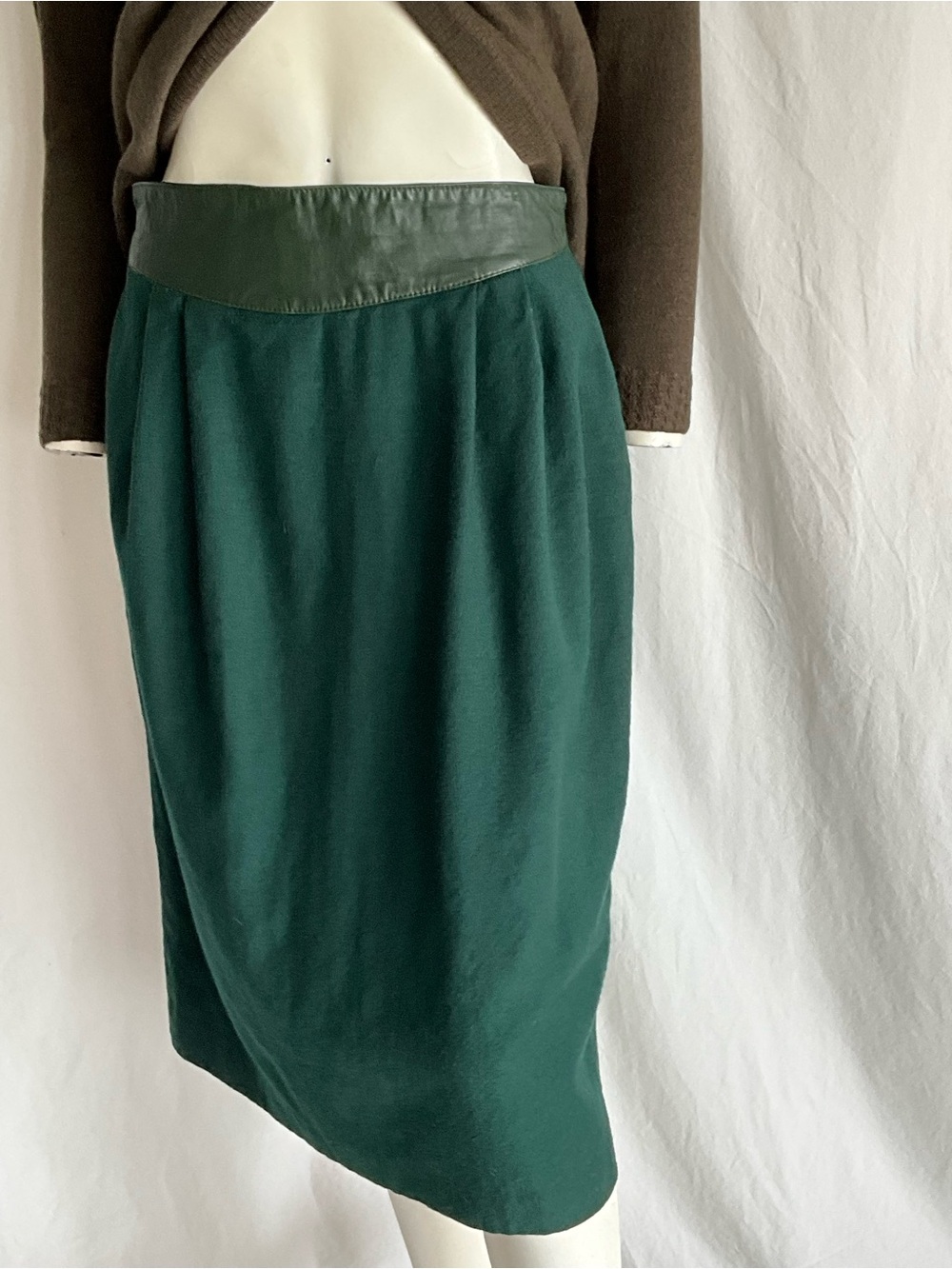 Vintage 80s 100% Wool Leather Waist Midi Skirt Made in Canada Union Made